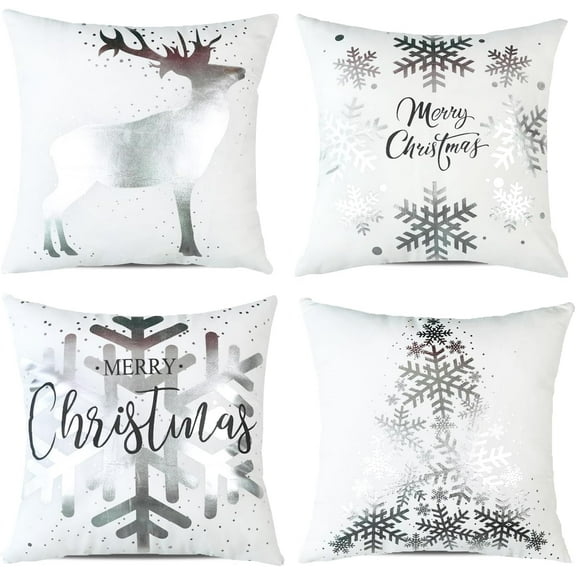 Christmas Decorations Silver White Throw Pillow Covers 16x16 Set of 4 Snowflakes Reindeer Decorative Cushion Cases Xmas Decor for Couch Sofa Bedroom