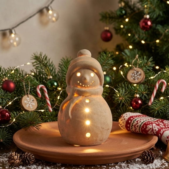 Snowman LED Light Decor, Handmade Clay Snowman Figurine with Warm White Glow, Rustic Farmhouse Christmas Tabletop Decor, Winter Holiday Mantel Shelf Home Decoration