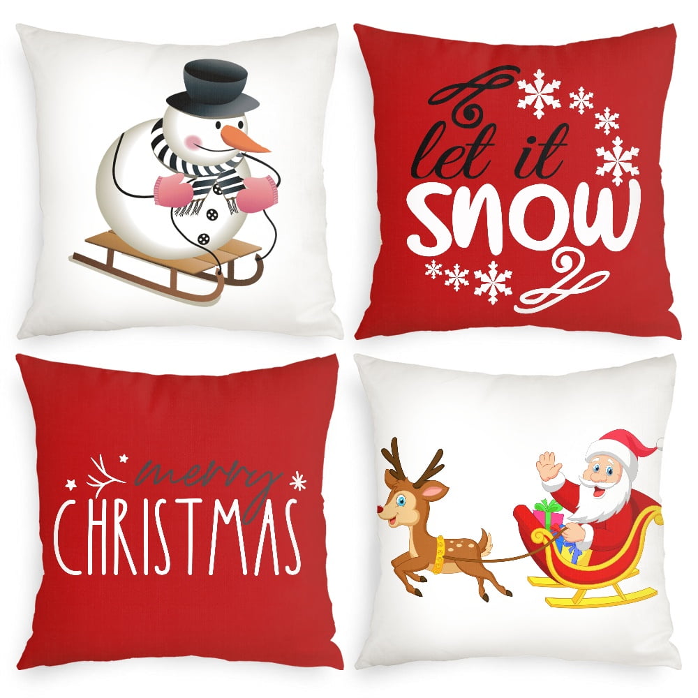 Festive Red and White Christmas Polyester Pillow Covers Set of 4