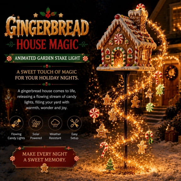 Christmas Decorations Solar Christmas House Garden Stake Flowing Gingerbread Candy LED Christmas Garden Light Solar Power Outdoor Garden Stake Christmas Decor for Yard, Lawn & Porch