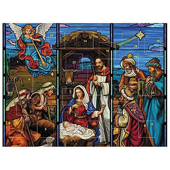 Christmas Decorations Stained Glass Nativity Scene Advent Calendar, Pack Of 12