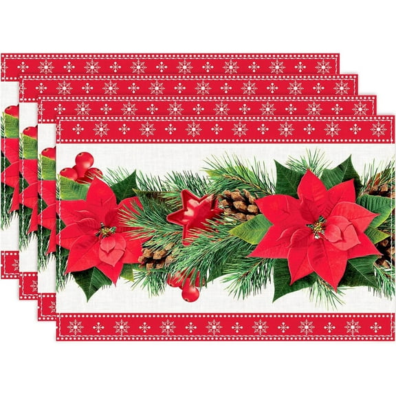 Christmas Decorations Table Runner, 4Pcs 12*18In Christmas Table Runner with Watercolor Red Poinsettia White Snowflake Winter Xmas Table Decor for Indoor Home Christmas Centerpiece Table Decorations
