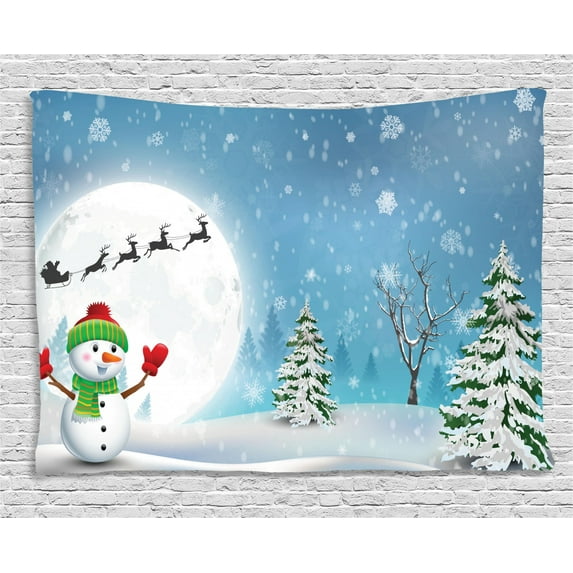 Christmas Decorations Tapestry, Jolly Snowman under Full Moon Waving to Santa Reindeer Sleigh Kids, Wall Hanging for Bedroom Living Room Dorm Decor, 80W X 60L Inches, White Blue, by Ambesonne