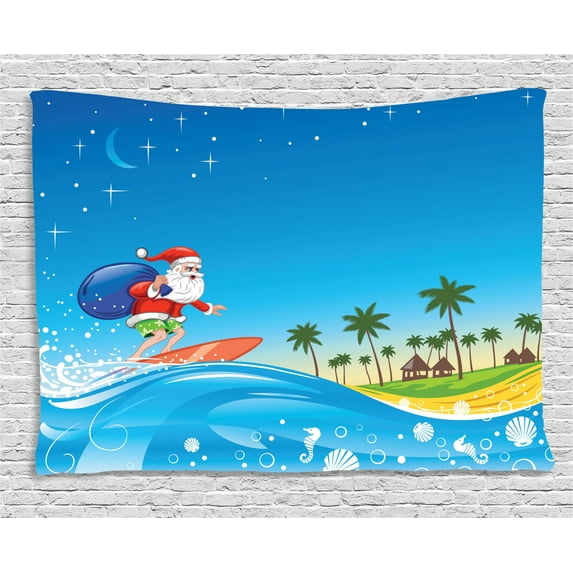 Christmas Decorations Tapestry, Surfing Santa on a Wave with Sack at Beach Tropical Night Fantasy Cartoon , Wall Hanging for Bedroom Living Room Dorm Decor, 80W X 60L Inches, Multi, by Ambesonne