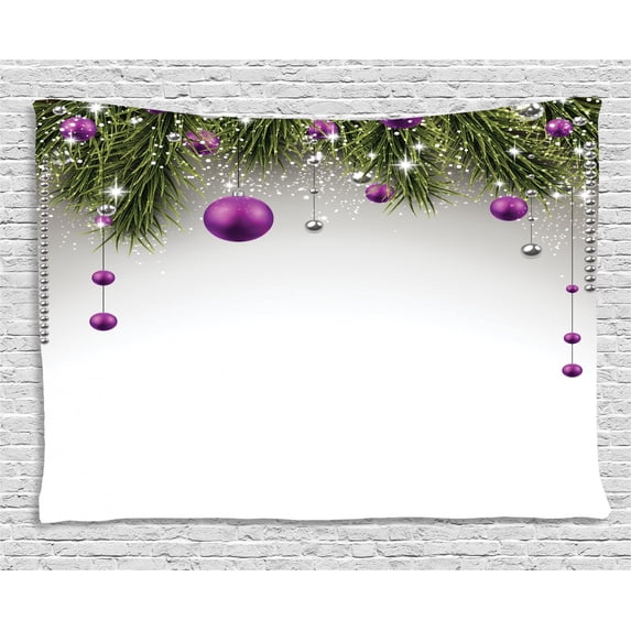 Christmas Decorations Tapestry, Tree Decorations Tinsel and Ball with Gift Wrap Ribbon Picture, Wall Hanging for Bedroom Living Room Dorm Decor, 80W X 60L Inches, Purple Grey Green, by Ambesonne