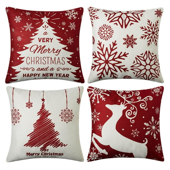Christmas Decorations Throw Pillow Covers, Set of 4 Throw Pillow Cases with Holiday Decor, 18x18inch, Red