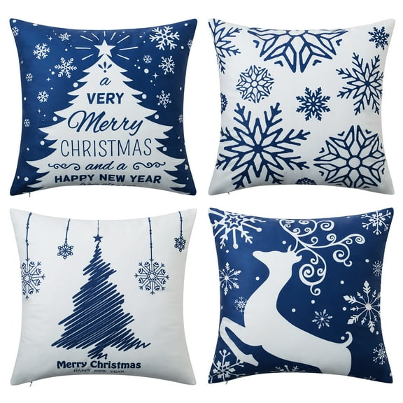 Christmas Decorations Throw Pillow Covers, Set of 4 Throw Pillow Cases with Holiday Decor, 20x20inch, Blue
