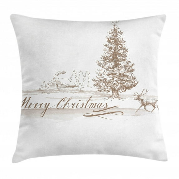 Christmas Decorations Throw Pillow Cushion Cover, Romantic Vintage New Year Scene with Reindeer Tree Star Holy Design Image, Decorative Square Accent Pillow Case, 24 X 24 Inches, Brown, by Ambesonne