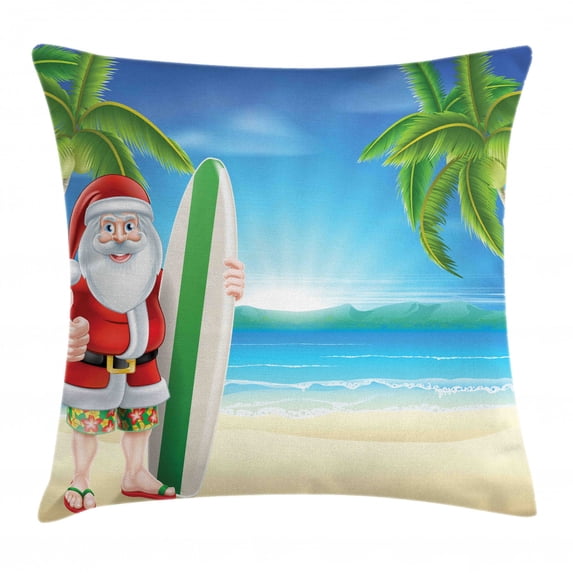 Christmas Decorations Throw Pillow Cushion Cover, Santa Claus with Trunks on Beach Surfboard Sunny Hot Christmas Decor, Decorative Square Accent Pillow Case, 16 X 16 Inches, Blue Green, by Ambesonne