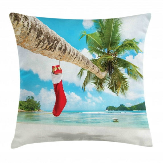 Christmas Decorations Throw Pillow Cushion Cover, Sock on Palm Tree on Tropical Sandy Beach Island Maldives Festive Decor, Decorative Square Accent Pillow Case, 16 X 16 Inches, Multi, by Ambesonne