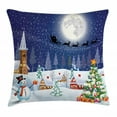 thumbnail image 1 of Christmas Decorations Throw Pillow Cushion Cover, Winter Snowman Xmas Tree Santa Sleigh Church Moon Gifts Snow Stars, Decorative Square Accent Pillow Case, 20 X 20 Inches, Blue White, by Ambesonne, 1 of 2