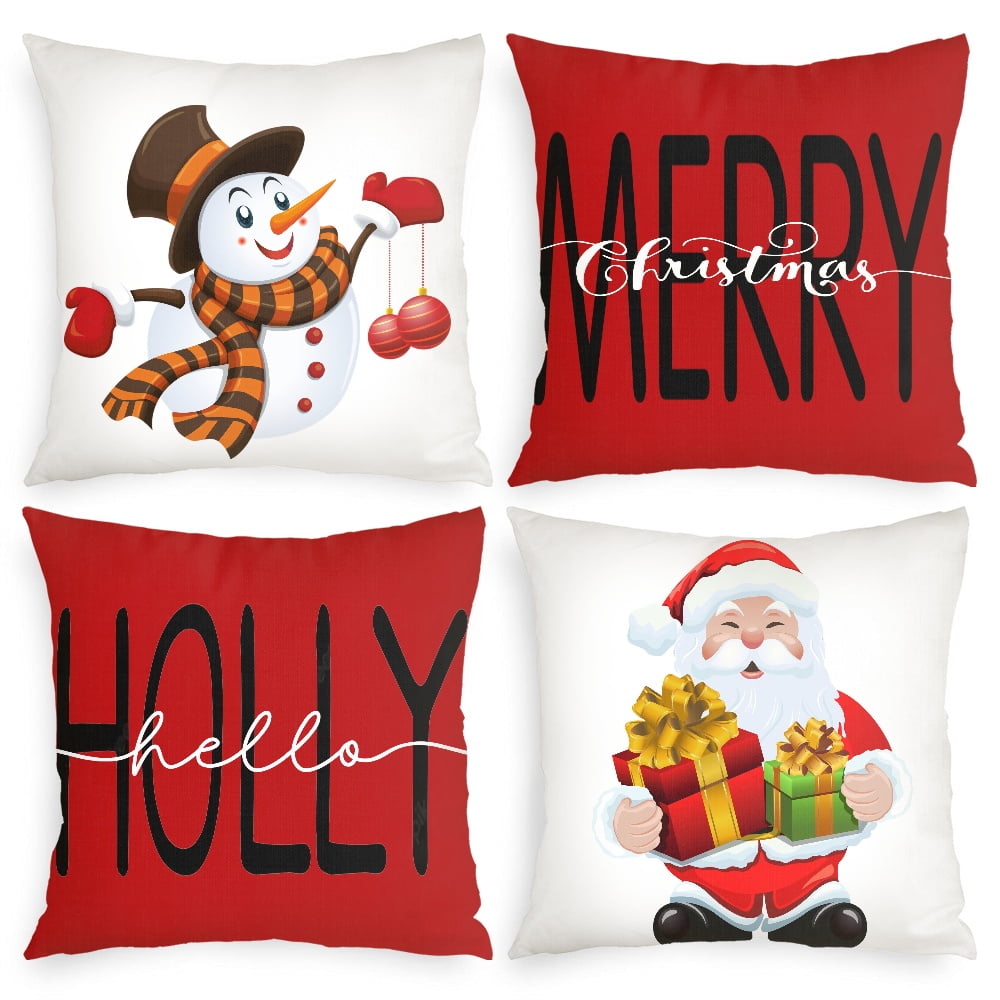 Festive Red and White Christmas Polyester Pillow Covers Set of 4