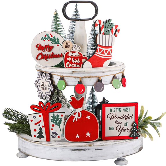 Christmas Decorations Tiered Tray Ornaments Christmas Stocking Road Sign Country Farmhouse Wooden Tabletop Decor