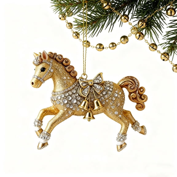 Christmas Decorations for Tree Gold Metal Sparkly Rhinestones Horse Ornament, Acrylic Horse Christmas Hanging for Holiday Party, Home,indoor, Car Mirror Decor