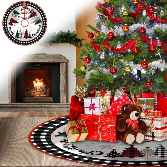 Christmas Decorations Tree Skirt,Red and Black Buffalo Plaid Xmas Tree Skirt,Rustic Thick Xmas with Snowflake Winter New Year for Home Christmas Winter Holiday Tree Mat Decoration