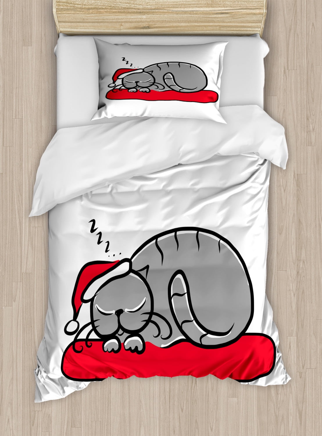 Twin White and Red Christmas Cat Duvet Cover Set
