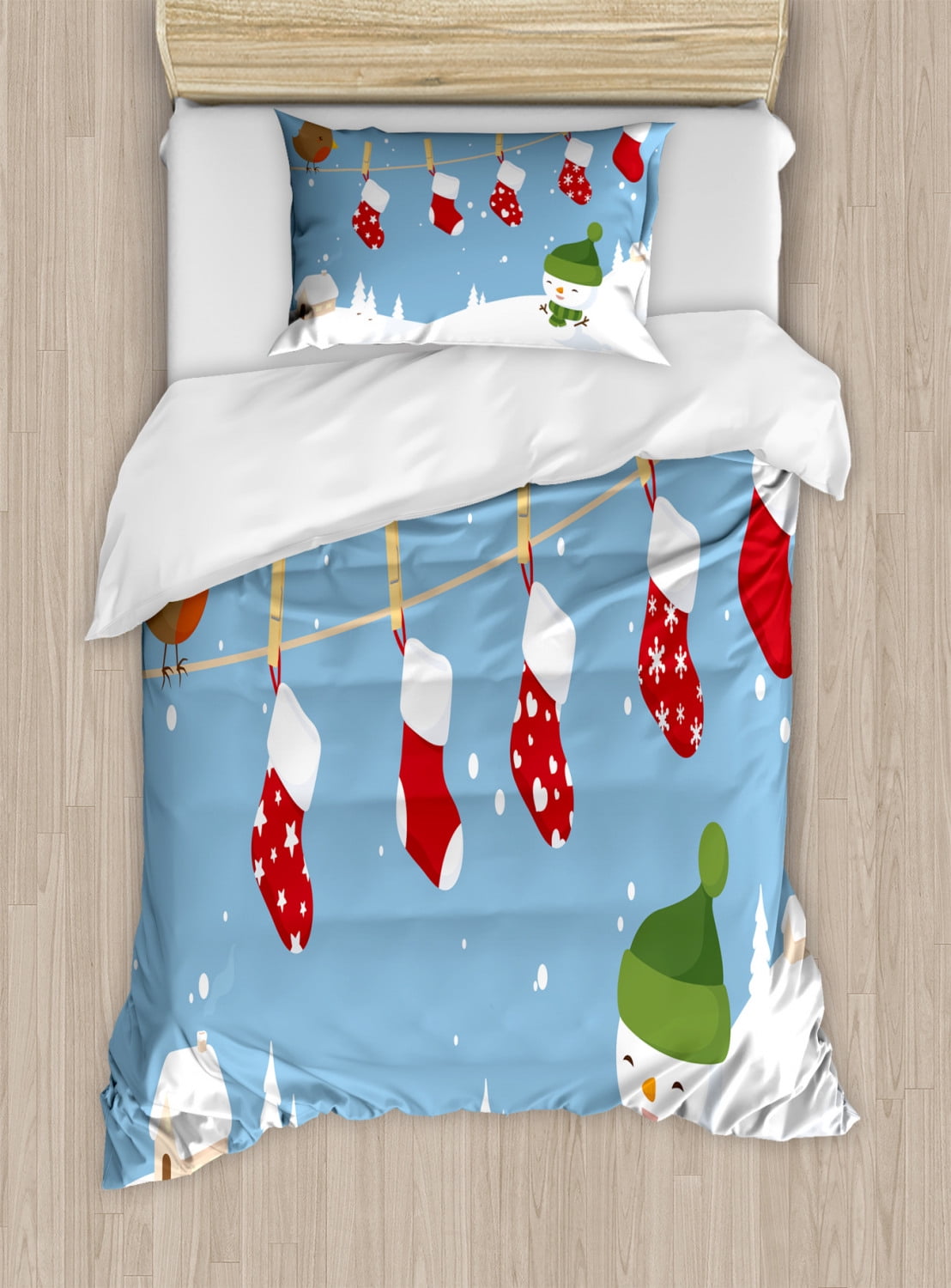 Christmas Kids Twin Duvet Cover Set with Snowman and Stockings