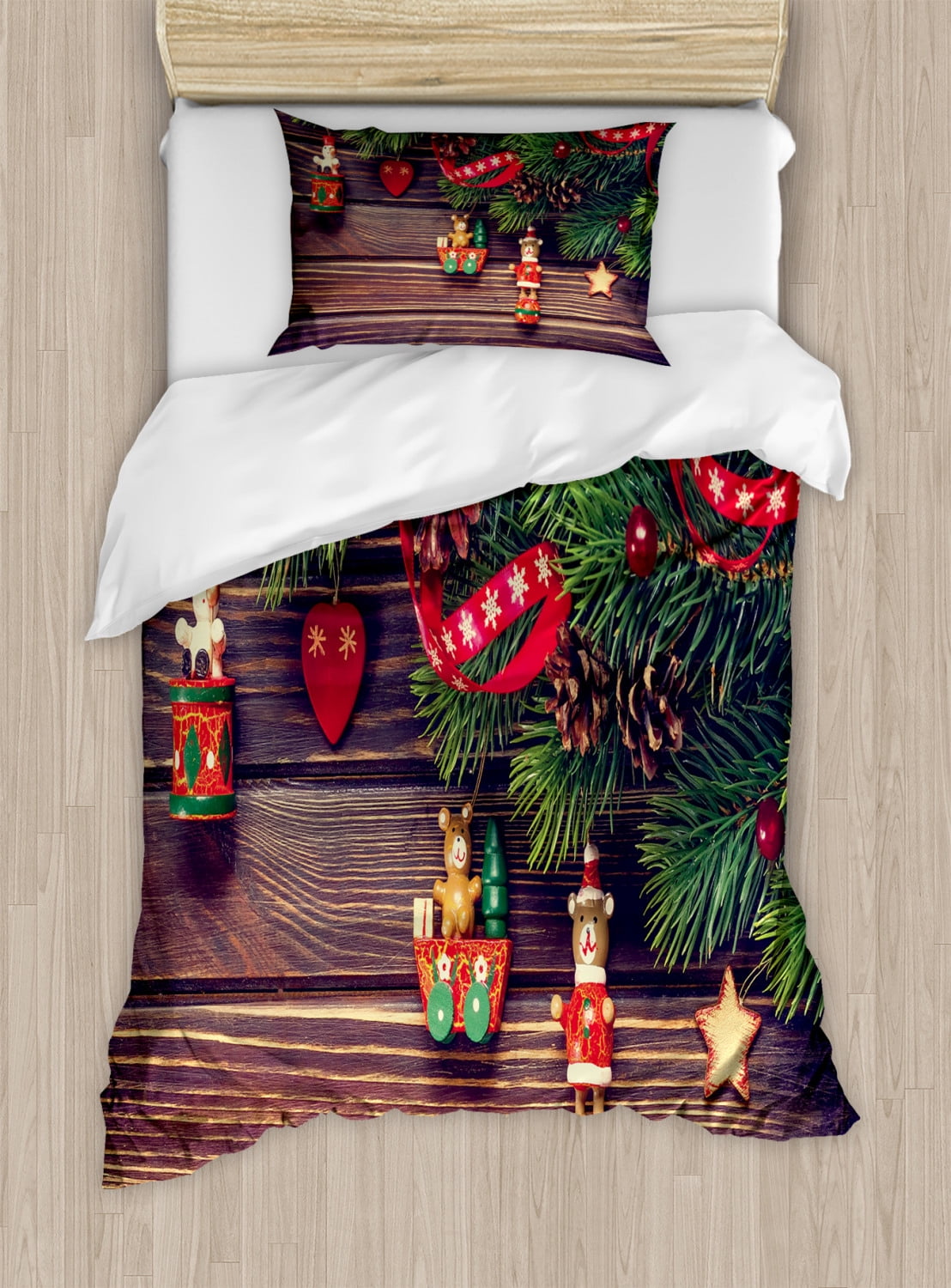 Christmas Twin Duvet Cover Set with Rustic Wood Design