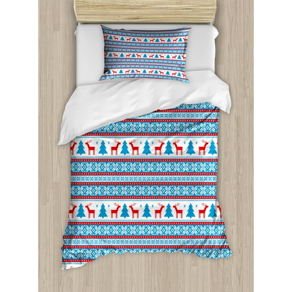 Christmas Decorations Twin Size Duvet Cover Set, Traditional Folkloric Knit Style Image Holiday Season Office Cafe Decor, Decorative 2 Piece Bedding Set with 1 Pillow Sham, Red Blue, by Ambesonne
