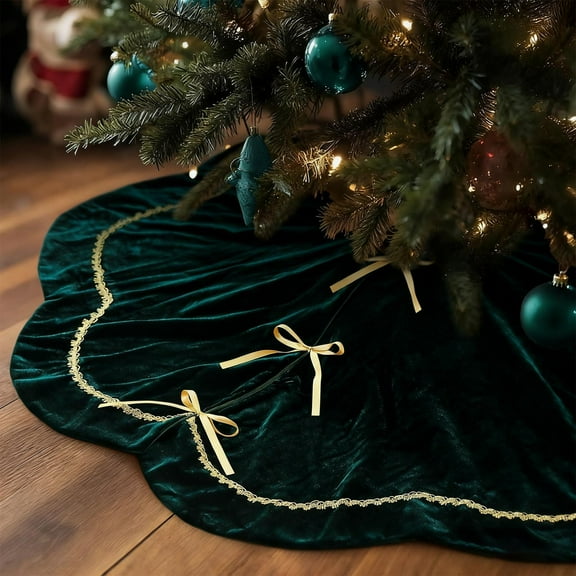 Christmas Decorations, Velvet Christmas Tree Skirt Holiday Tree Base Cover with Bow Tie Design Green Decorative Tree Skirt for Christmas Tree Ornament Display