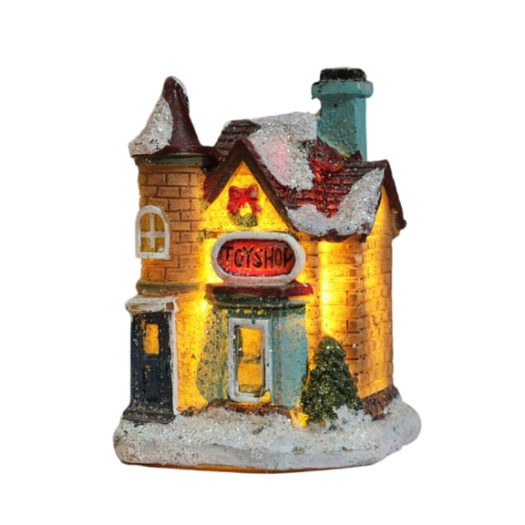 Christmas Decorations Village House Decor Resin House Collectible Buildings Figurine with LED Warm Light, Battery Operated Snow Covered Mini Cottage Indoor Xmas Mantel Decor J