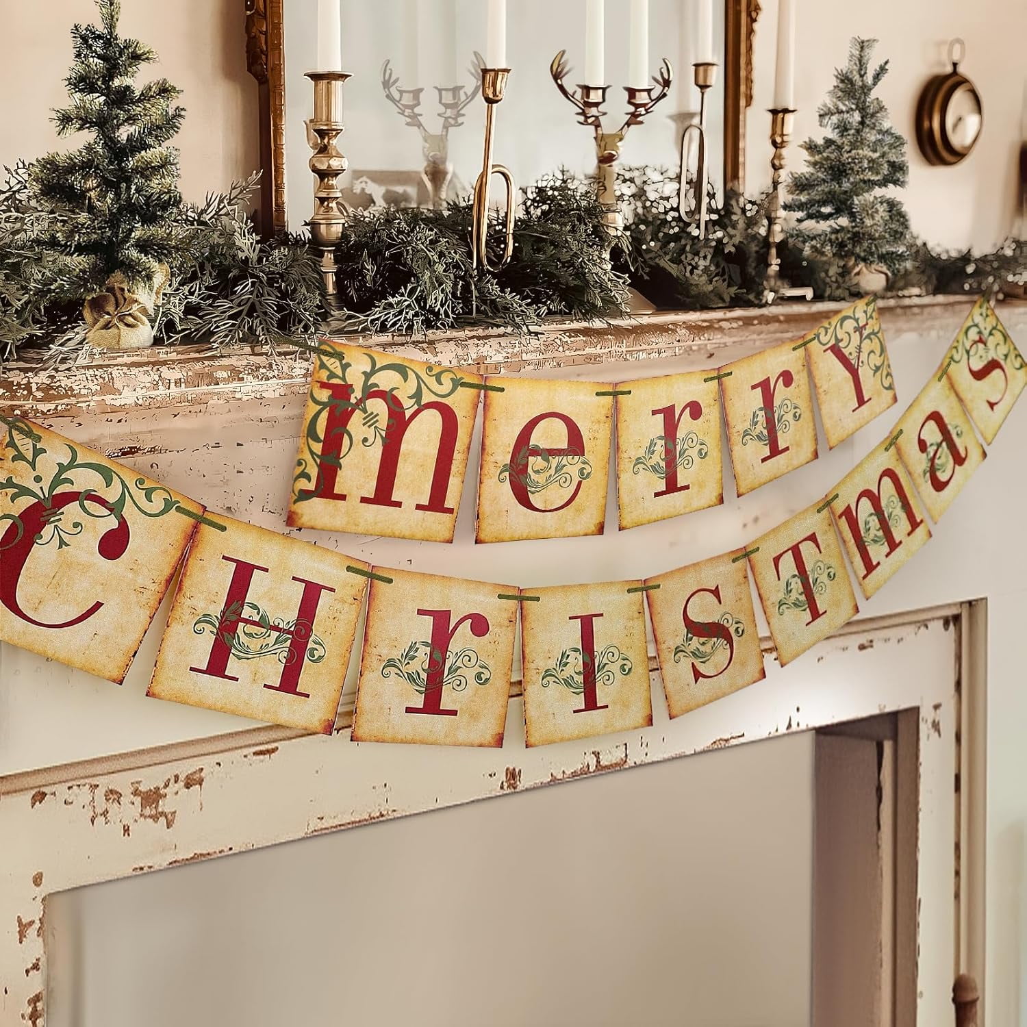 Christmas Decorations - Vintage Merry Christmas Banner - Retro Nostalgic Traditional Old Fashioned Xmas Holiday Decor for Indoor Home Office Fireplace Farmhouse