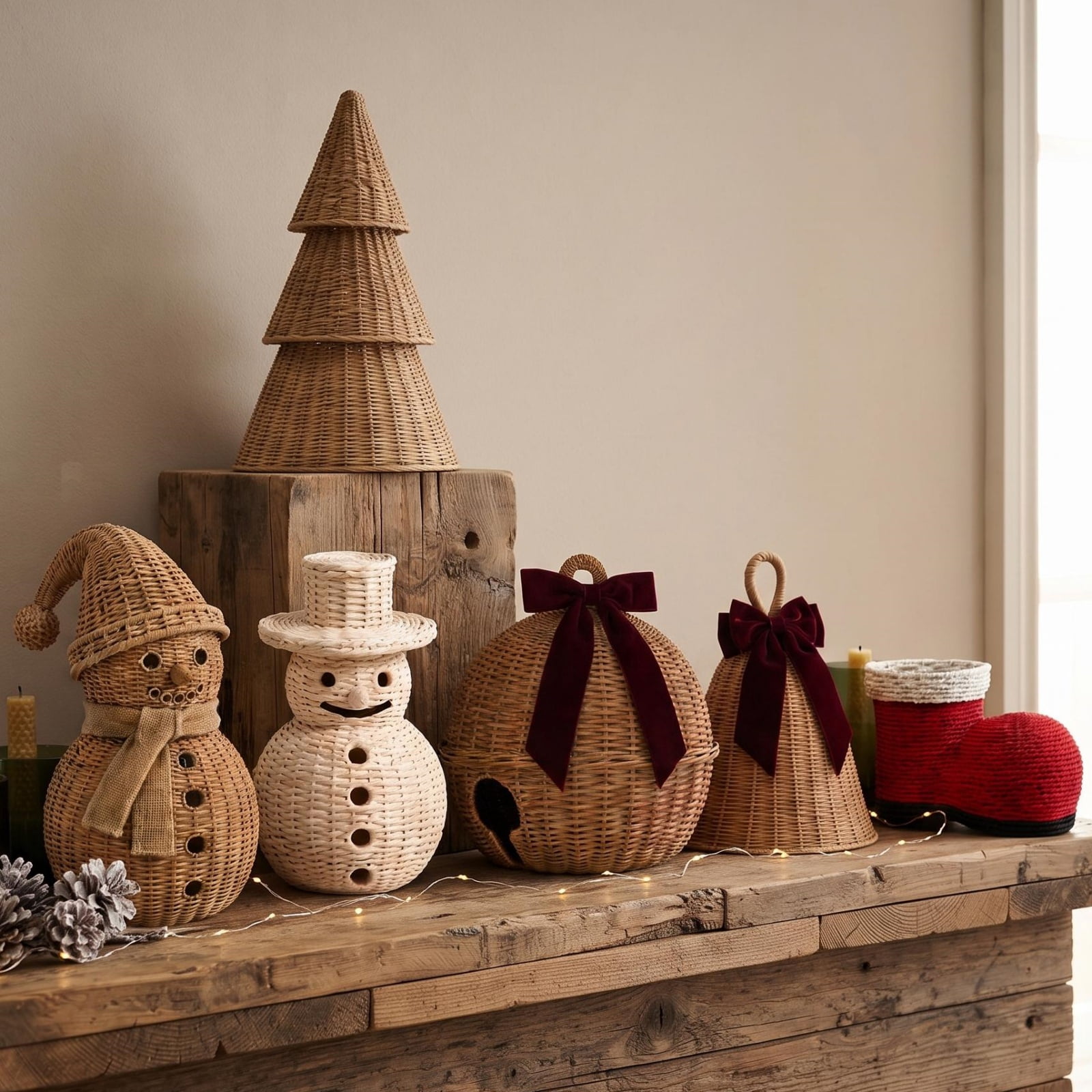 Christmas Decorations - Woven Rattan Christmas Bell with Burgundy Bow, Festive Holiday Bell Ornament, Charming Mantel & Door Hanger for Traditional Christmas Decor