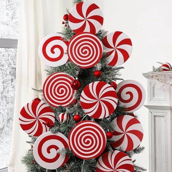 Christmas Decorations for Tree 4-Piece Set with Peppermint Swirl Ornaments in Red and White, 8 in Diameter for Office or Home