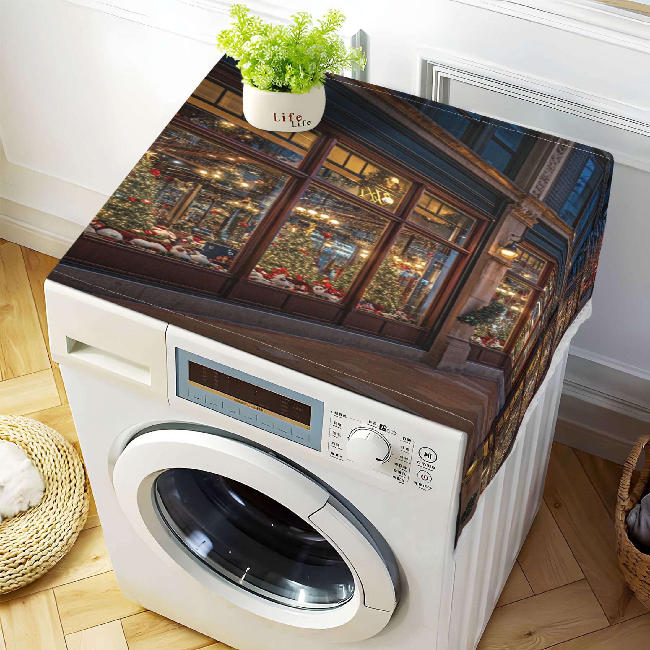 Christmas DecorationsWasher and Dryer Covers Dust-Proof and Oil Resistant Fridge Cover with 4 Storage Pockets Washing Machine Top Cover for Laundry Kitchen Home 51.2 x 22 In