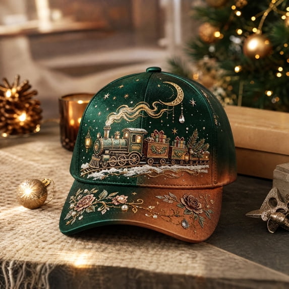 Christmas Decorative Baseball Cap, Christmas Embroidery Train Baseball Hat, Adjustable Holiday Decor Hat for Man Woman