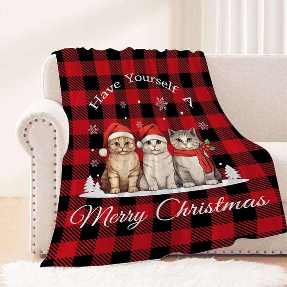 Christmas Decorative Blanket Cute Red Plaid Christmas Cat Blanket Xmas Holiday Blanket Couch Sofa Bed Soft Lightweight Fuzzy Plush Fleece Blankets and Throws 50x60