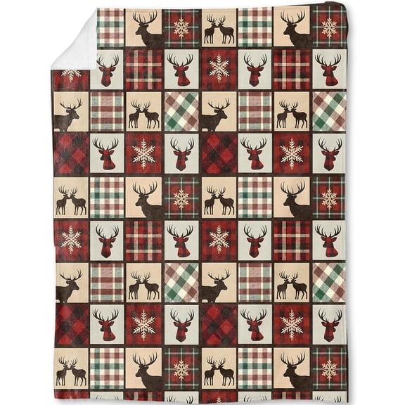 Christmas Decorative Blanket, Deer Red Black Buffalo Plaid Print Decoration,Flannel Winter Blankets for Couch Sofa,Holiday Decor,Xmas Festival Rustic Gifts for Users Adults 40x50 Inch