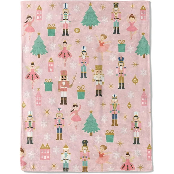 Christmas Decorative Blanket, Nutcracker Fairy and Tree Print Throw Decoration, Soft Flannel Winter Blankets for Couch Bed Sofa, Holiday Home Decor, Xmas Festival Gifts Pink 50x60 Inch