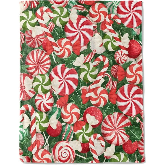 Christmas Decorative Blanket, Red Green Candy Cane Peppermint Print Decoration, Soft Flannel Winter Blankets for Couch Bed Sofa, Holiday Home Decor, Xmas Festival Gifts 50x60 Inch
