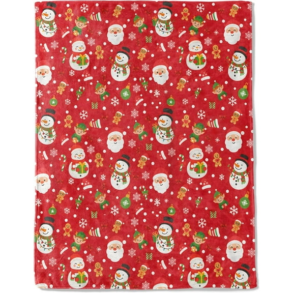 Christmas Decorative Blanket, Santa Snowman Gingerbread Candy Print Throw Decoration, Soft Flannel Winter Blankets for Couch Bed Sofa, Holiday Home Decor, Xmas Festival Gifts Red 60x50 Inch