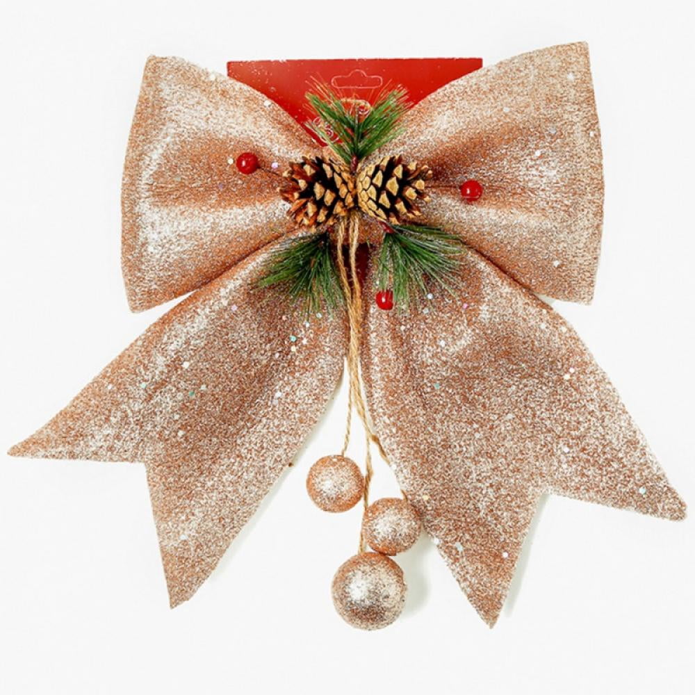 Christmas Decorative Bow, 9.8 x 11.8in Large Glitter Bow Sparkly Bowknot with Pine Cones for Wreath Garland Treetopper Xmas Tree Ornament Home Wall Door Decor