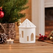 Christmas Decorative Candle Holder, Hollow Castle Ornament, White Plastic Tealight Lantern, 3.15x2.36x2.36in, Holiday Tabletop Decor for Fireplace and Homewarming Gift