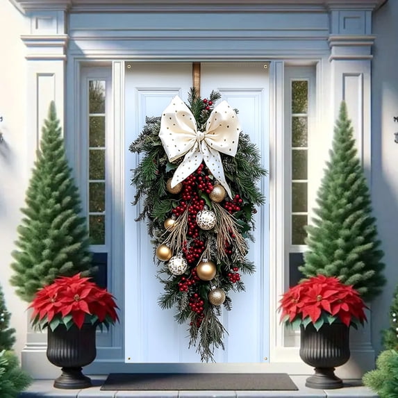 Christmas Decorative Door Cover, Beautiful Durable Christmas Bow and Wreath Background Door Cover for Xmas Party Decorations 35.43x70.87 Inch Multicolor