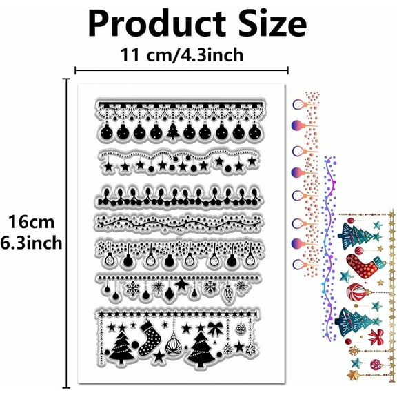 Christmas Decorative Edge Clear Rubber Stamps Hanging Ball Pine Tree Frame Xmas Reusable Transparent Silicone Seal Stamps for Winter Gift Craft Scrapbooking Journaling Holiday Card Making