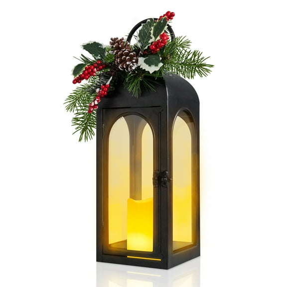 Christmas Decorative Lantern with LED Flameless Candle & Holiday Greenery,Black Metal Lantern with LED Candle Lit Decorations,Christmas Decor