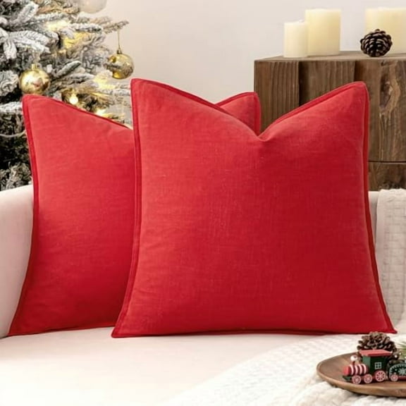 Christmas Decorative Linen Pillow Covers 18x18 Inch Red ​Boho Farmhouse​ ​Neutral Couch Throw Pillows for Bed Pack of 2 Accent Modern Pillowcase Sofa Livingroom Home Decor