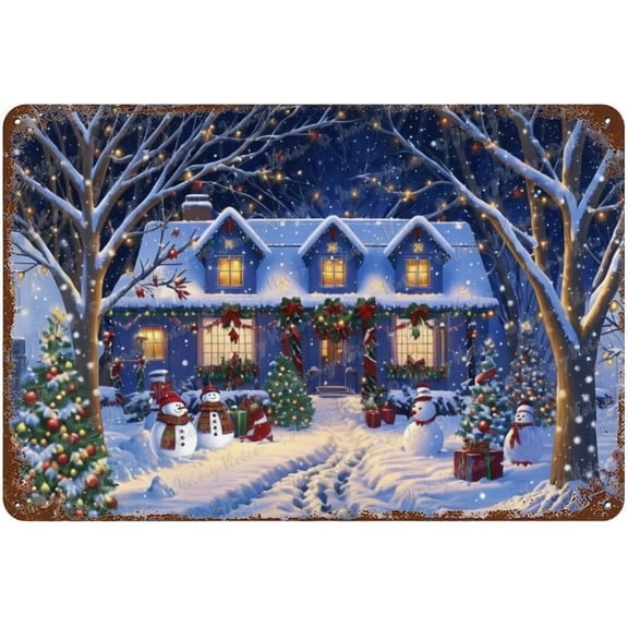 Christmas Decorative Metal Sign, Christmas Tree, Cabin, Snowman, Night, Unique Metal Signs For Bedroom Kitchen Porch Man Cave Garage Yard Garden Wall Decor 12x8 inches