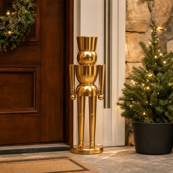 Christmas Decorative Nutcracker, Gold Resin Nutcracker Figurine with Metallic Finish, Modern Christmas Nutcracker Statue for Mantel Table Entryway Covered Porch Holiday Decor