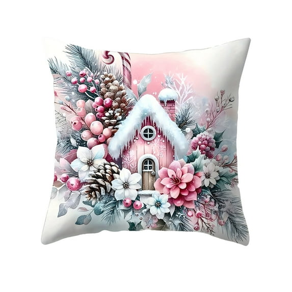 Christmas Decorative Pillow Cover, Cute Winter Snowman Snow House Hugging Pillow case, Realistic Pink Sofa Cushion Case Christmas New Year Couch Decor
