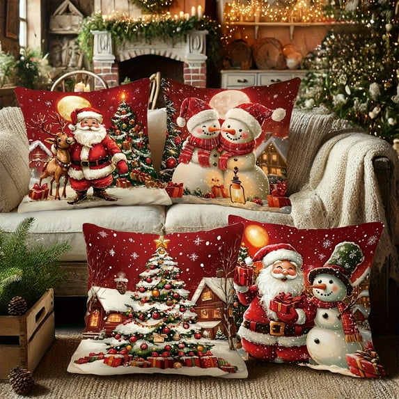 Christmas Decorative Pillow Cover, Glitter Santa Claus Snowman Xmas Tree House Pillow case, Realistic Sofa Cushion Case Christmas New Year Couch Decor