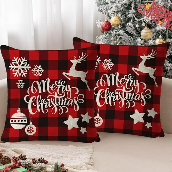 Christmas Decorative Pillow Cover, Holiday Sofa Cushion Case with Invisible Zipper for Winter Home Decor Gift Set(C)