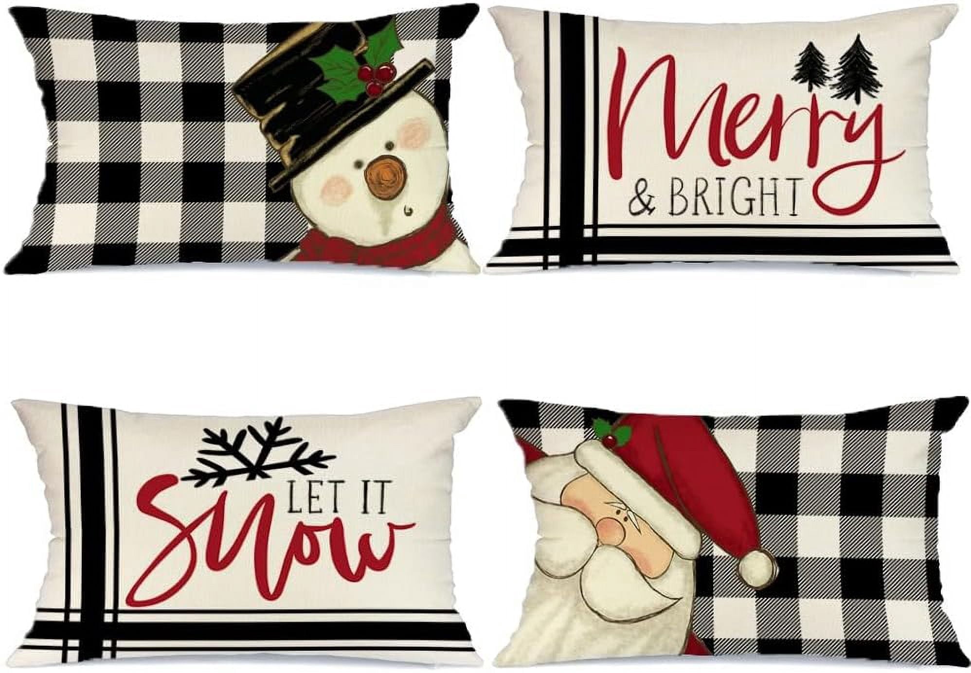 Christmas Decorative Pillow Covers 12 x 20 Inch Set of 4, Buffalo Plaid Santa Claus Snowman Let it Snow Holiday Farmhouse Cushion Cases Xmas Decoration for Home Party Sofa Couch GA436-12