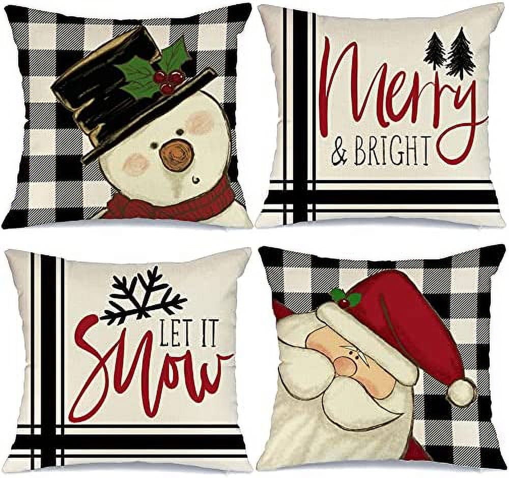 Christmas Decorative Pillow Covers 18 x 18 Inch Set of 4, Buffalo Plaid Santa Claus Snowman Let it Snow Holiday Farmhouse Cushion Cases Xmas Decoration for Home Party Sofa Couch GA436-18
