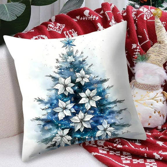 Christmas Decorative Pillow Covers 18x18" Christmas Patterns Pillowcase Vintage Watercolor Blue Printed Home Decors Cushion Cover Christmas for Couch Sofa Bed Home Decors Cushion Covers