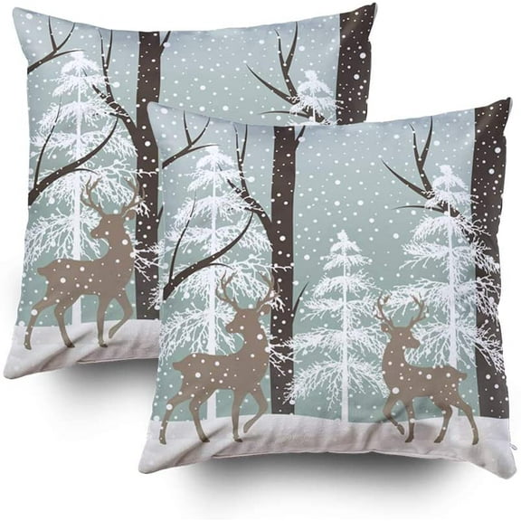 Christmas Decorative Square Set of 2 Pillow Case Covers with Zippered 18X18 Pillowcse Throw Cover Cushion,Landscape Deers Snow Tree,Ivory Gold
